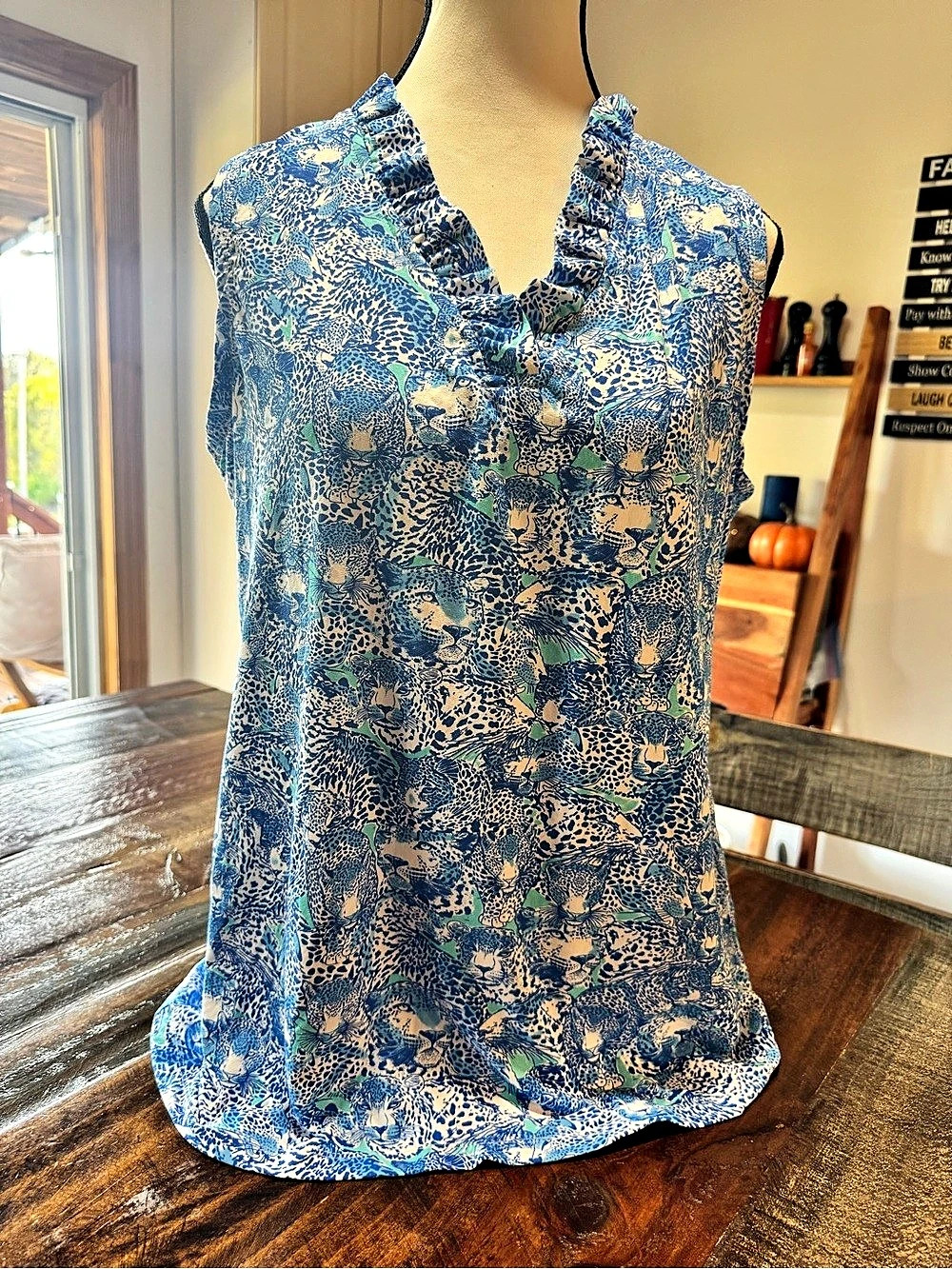 Lilly Pulitzer Animal Print Ruffle Neck Tank in Blue & White